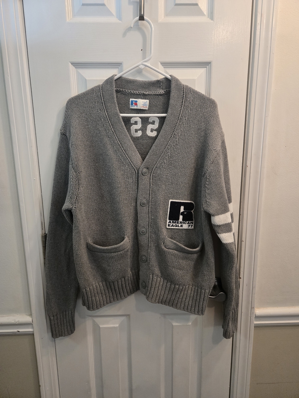 American Eagle x Russell Athletic Varsity Letterman Cardigan Sweater Gray XS